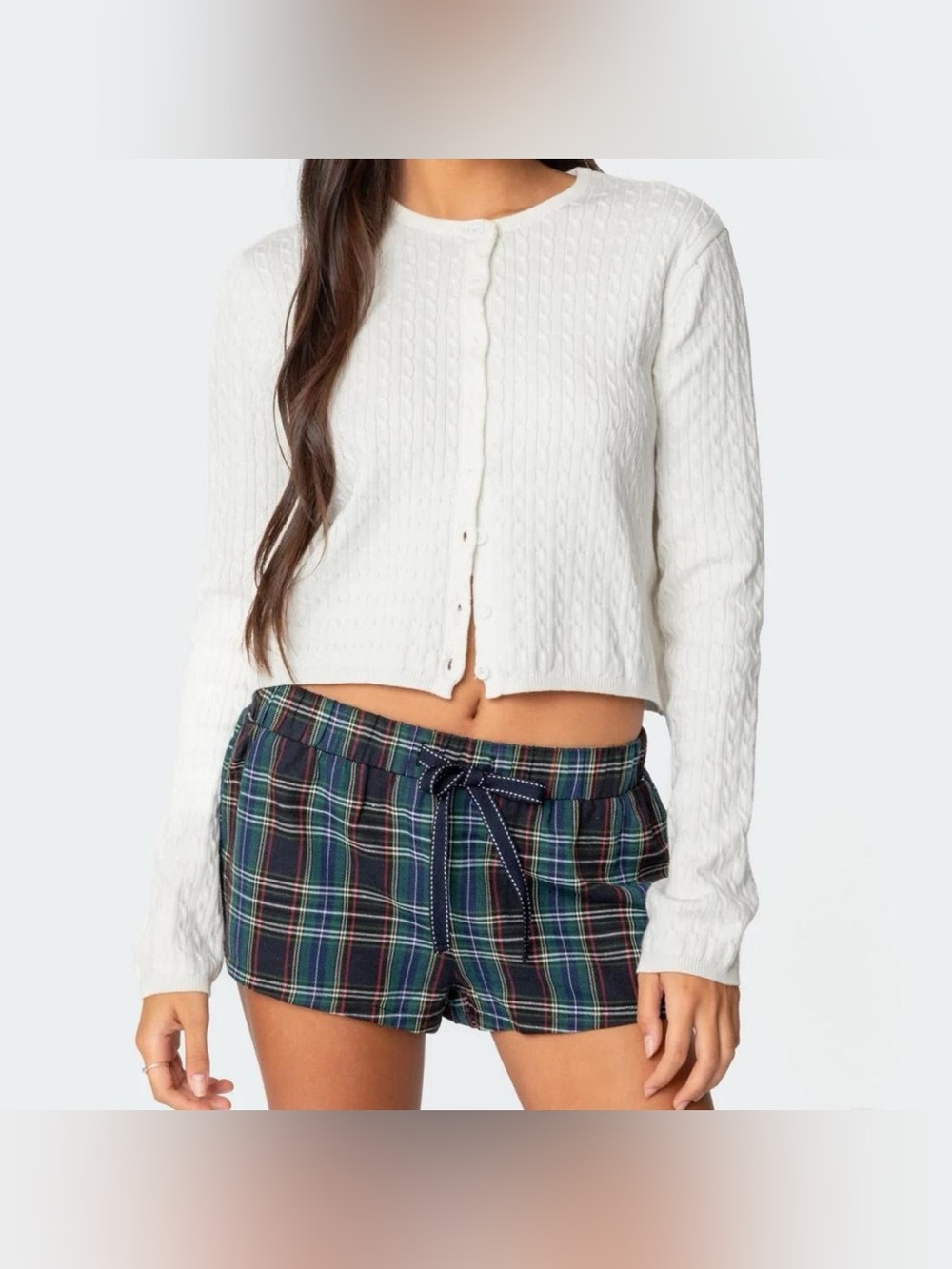 Edikted White Cable-Knit Cardigan with Pink Label